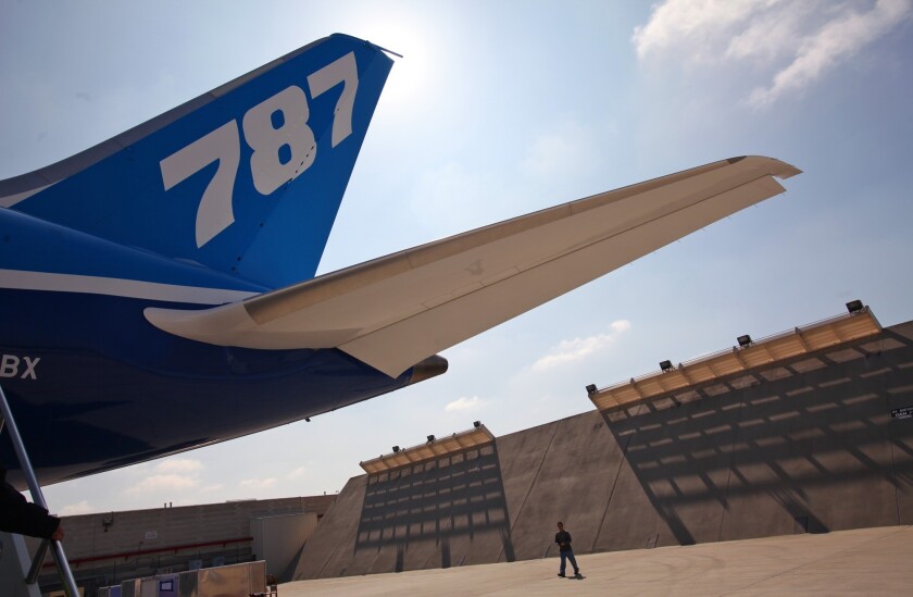 Boeing's 787 Dreamliner on the tarmac at the Boeing plant in Long Beach. The aerospace giant plans to increase its engineering workforce in Long Beach and Seal Beach over the next two years.