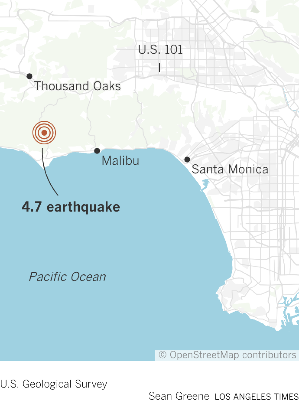 Map shows the location of a 4.7 earthquake centered near Malibu.