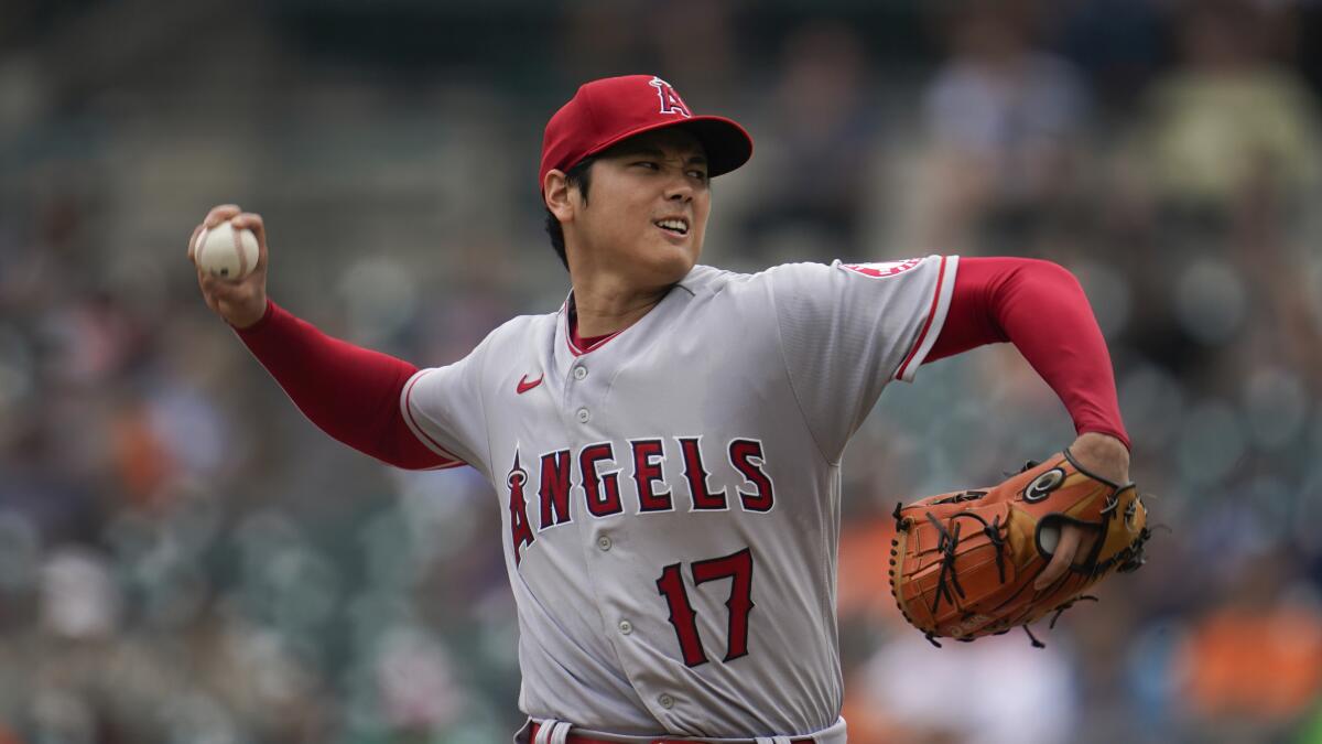 Los Angeles Angels pitcher Shohei Ohtani throws against the Detroit Tigers.