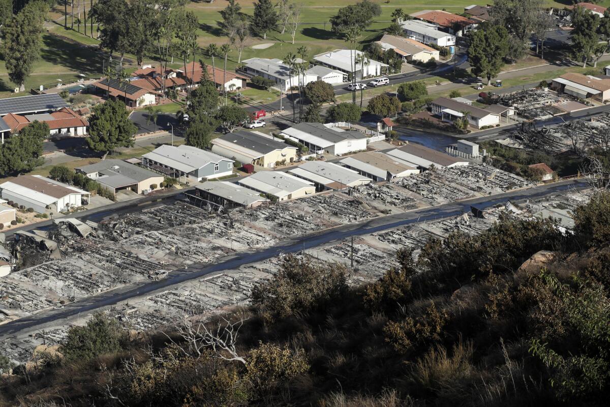 A view of the Rancho Monserate Country Club community, where many homes were burned to the ground when the Lilac fire swept through Bonsall.