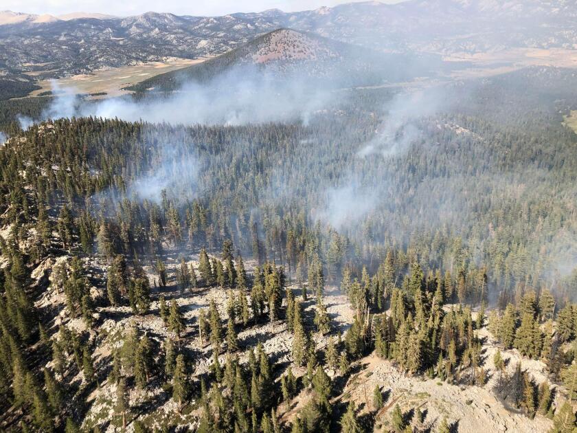 An aerial view of smoke from the Cow fire in the Inyo National Forest.