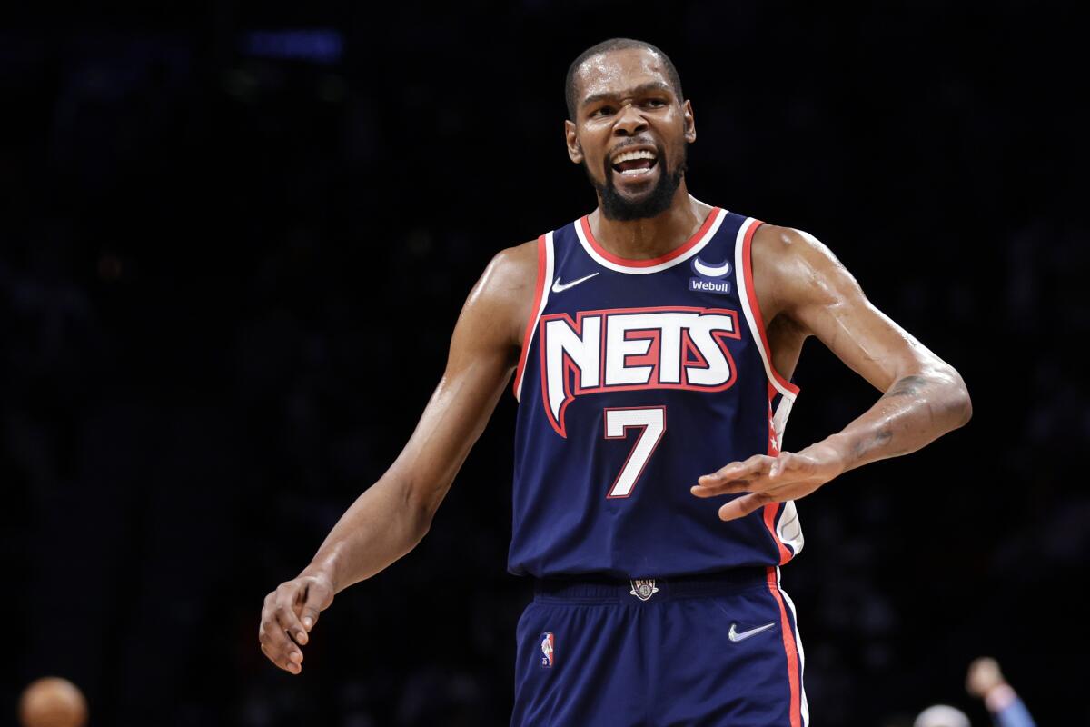 Brooklyn Nets forward Kevin Durant reacts during a game against the Philadelphia 76ers last season.