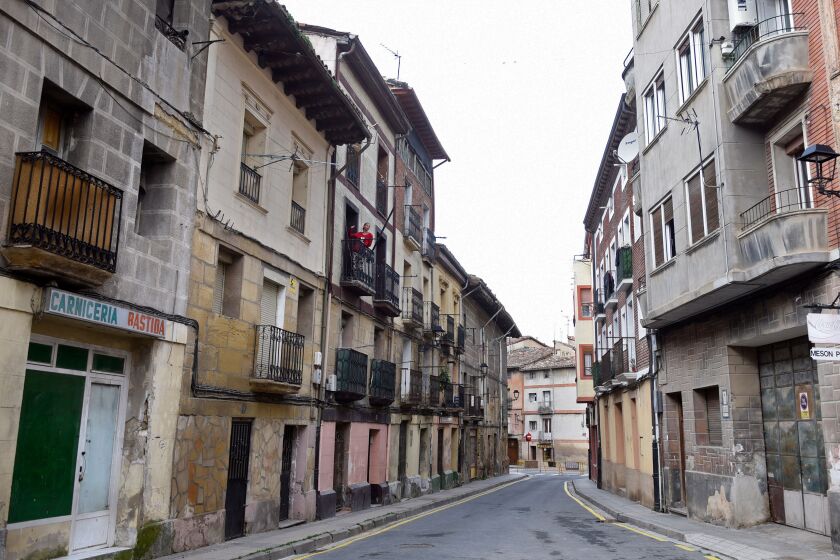 Picture shows empty streets in the northern Spanish town of Haro on March 8, 2020. - Around 30 people are kept at their homes under active observation in Haro, after becoming infected with the novel coronavirus outbreak, COVID-19, during a funeral celebrated two weeks ago in the Basque city of Vitoria. Seventeen people have died from the coronavirus in Spain, where cases rose considerably in the last hours and add up to 589. (Photo by ANDER GILLENEA / AFP) (Photo by ANDER GILLENEA/AFP via Getty Images)