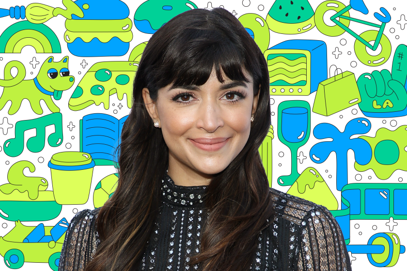 Photo of a person on a background of colorful illustrations like a book, dog, pizza, TV, shopping bag, and more