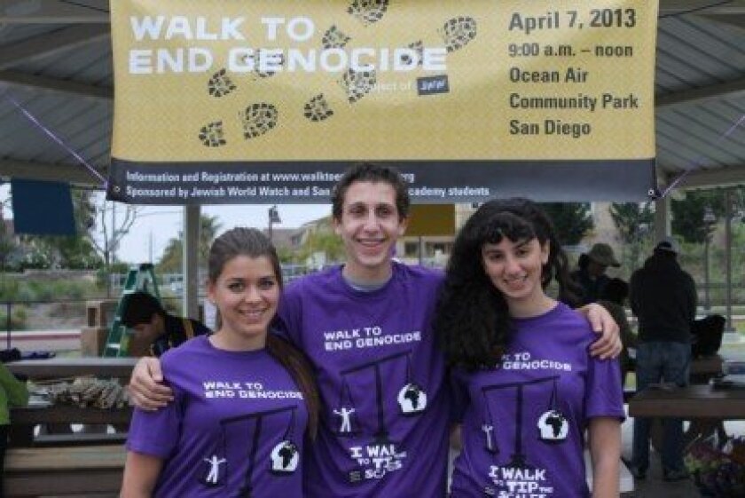 Organized by San Diego Jewish Academy students, the third annual Walk to End Genocide is set for March 23 at Nobel Park in La Jolla. (Above, l-r) Naomi Suminski, Zander Cowan, Ilana Engel