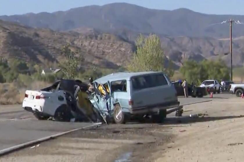 Three people were killed and two others injured when two cars collided on a canyon road in Santa Clarita, Calif., on Sunday August 28, 2022.