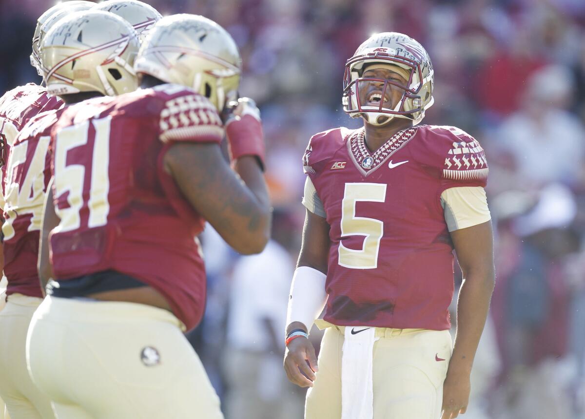 Florida State quarterback Jameis Winston before the start of action against Florida at Doak Campbell Stadium in Tallahassee, Fla., on Saturday.