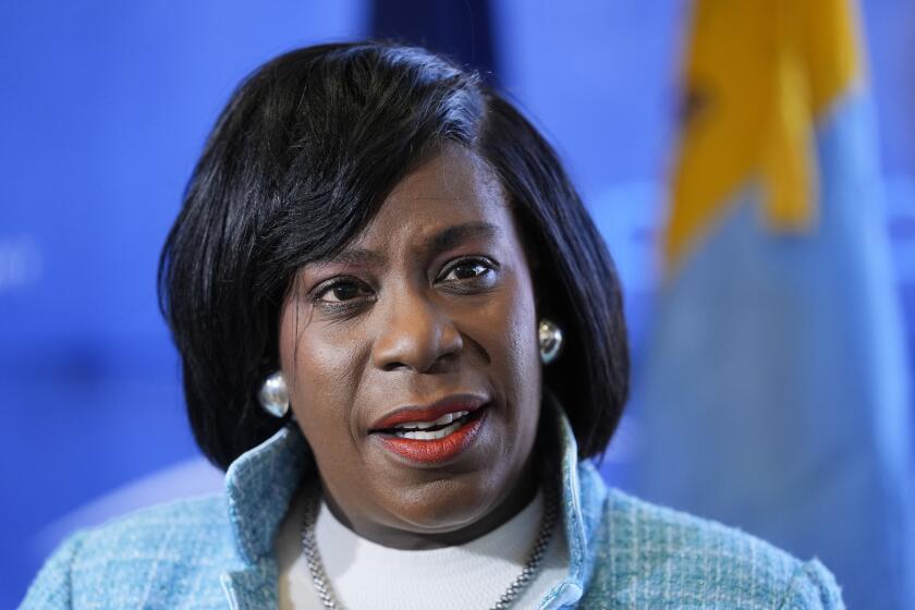 FILE - Philadelphia Mayor Cherelle Parker at Philadelphia International Airport in Philadelphia, Friday, Feb. 16, 2024. Parker announced Monday, May 20, 2024, that all city employees must resume working full-time in their offices as of July 15. (AP Photo/Matt Rourke, File)