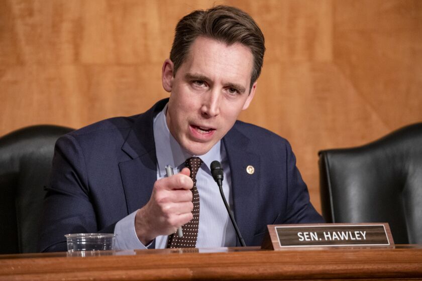 WASHINGTON, DC - DECEMBER 18: Sen. Josh Hawley (R-MO) questions Department of Justice Inspector General Michael Horowitz during a Senate Committee On Homeland Security And Governmental Affairs hearing at the US Capitol on December 18, 2019 in Washington, DC. Last week the Inspector General released a report on the origins of the FBI's investigation into the Trump campaign's possible ties with Russia during the 2016 Presidential elections. (Photo by Samuel Corum/Getty Images)