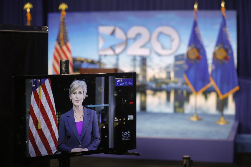 Former Acting U.S. Attorney General Sally Yates speaks by video feed from Atlanta during the second night of the virtual 2020 Democratic National Convention, Tuesday, Aug. 18, 2020, in Milwaukee, Wisc. (Brian Snyder/Pool via AP)