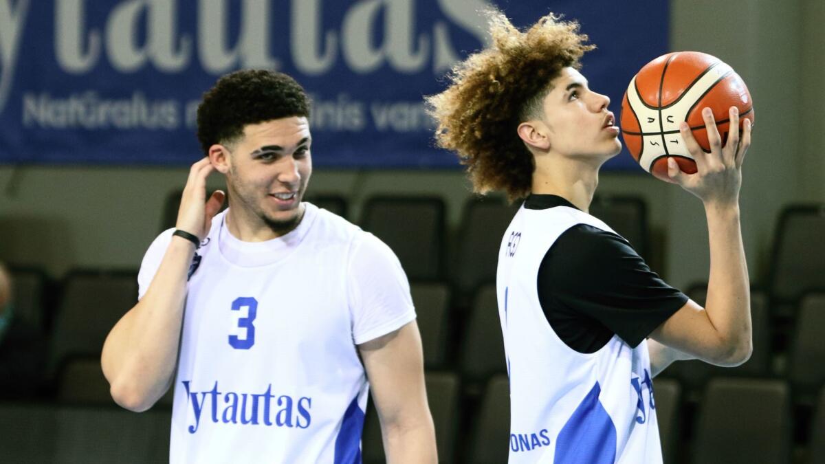 LiAngelo Ball (3) and LaMelo Ball takes part in their first training session for the Vytautas on Jan. 5 in Lithuania.