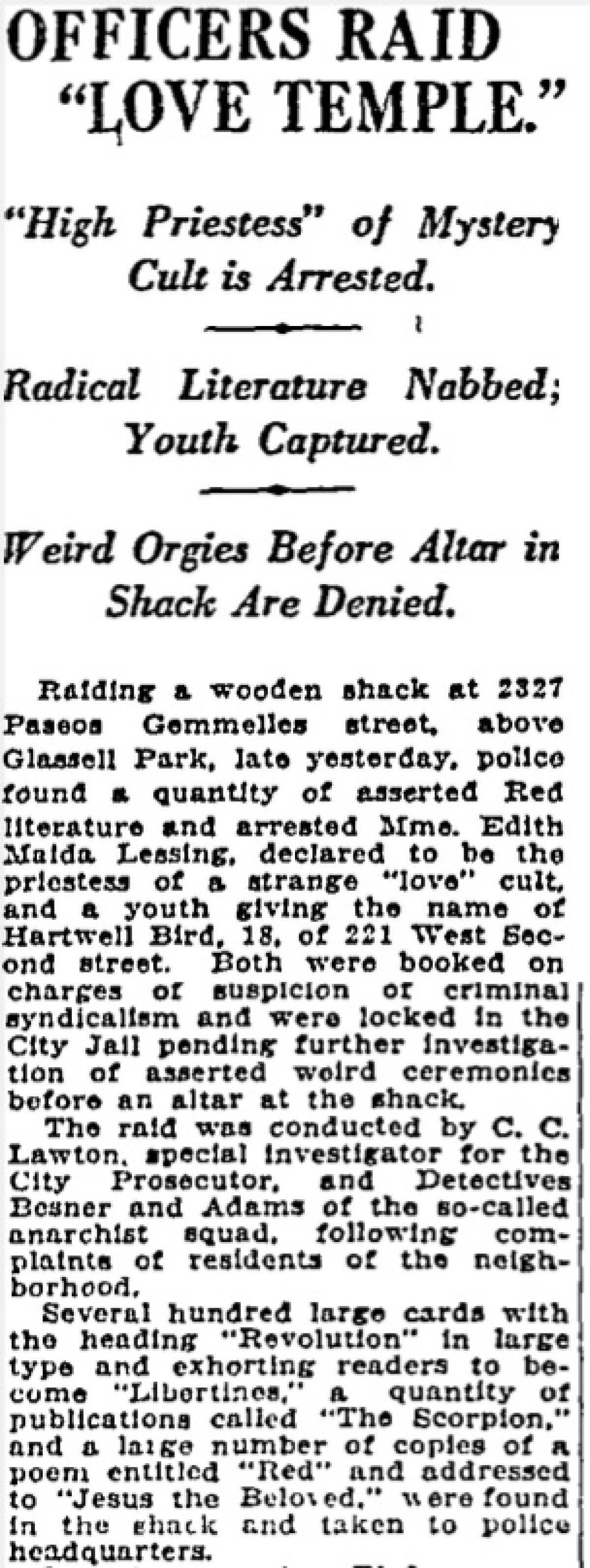 "Officers raid 'love temple,'" the headline reads. And: "Weird orgies before altar in shack are denied."
