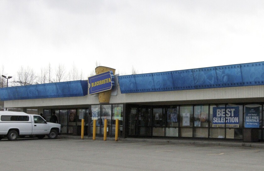 This May 2, 2018 file photo shows the exterior of a Blockbuster Video store in Anchorage, Alaska. The last two Blockbuster Video locations in Alaska will rent their final videos on Sunday, July 15, 2018, apparently leaving the last Blockbuster Video in Bend, Ore.
