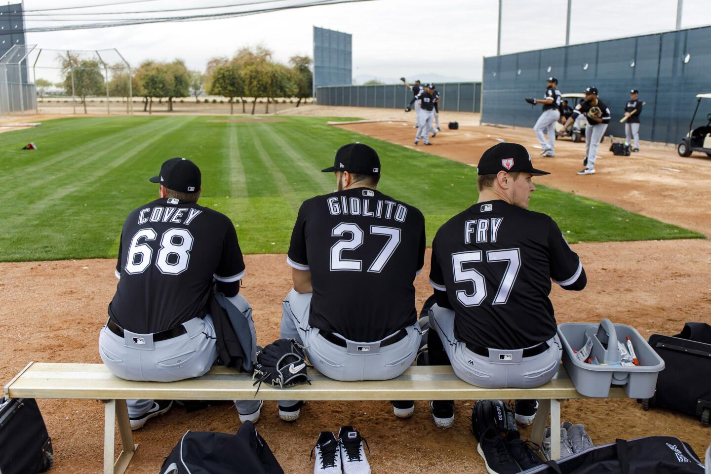 White Sox pitchers Dylan Covey, Lucas Giolito and Jace Fry during 2019 spring training in Glendale, Ariz.