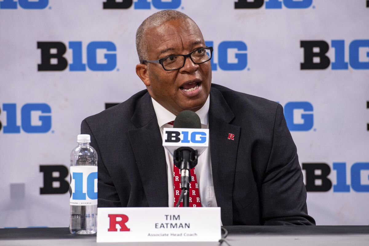 Rutgers women's associate head coach Tim Eatman addresses the media during the first day of the Big Ten NCAA college basketball media days, Thursday, Oct. 7, 2021, in Indianapolis. (AP Photo/Doug McSchooler)