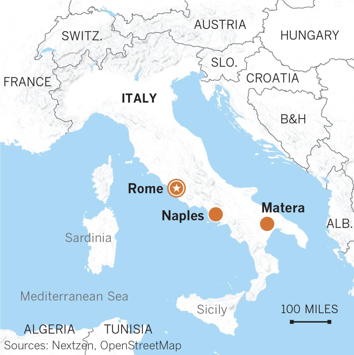 Map of Rome, Naples and Matera, Italy