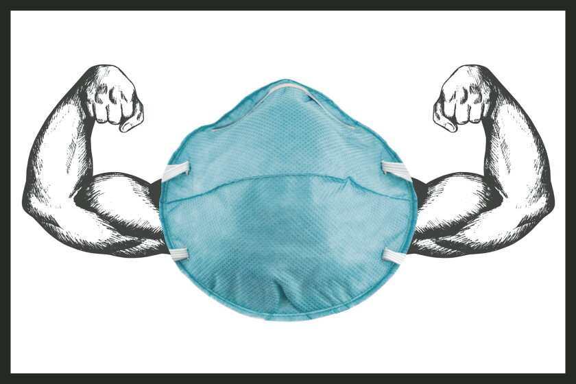 Illustration of a face mask with muscled arms