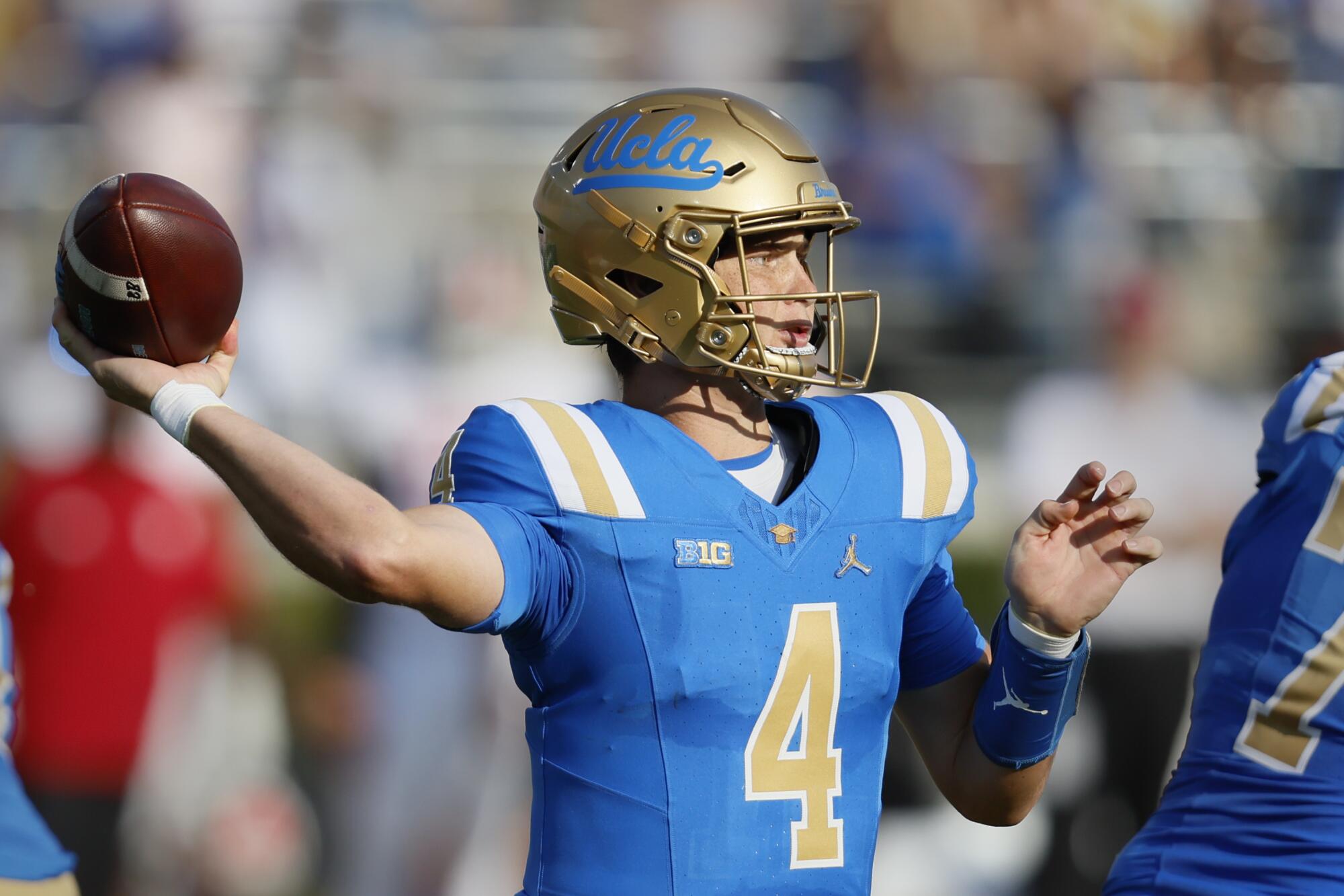 UCLA quarterback Ethan Garbers passes during a loss to Indiana at the Rose Bowl on Sept. 14.