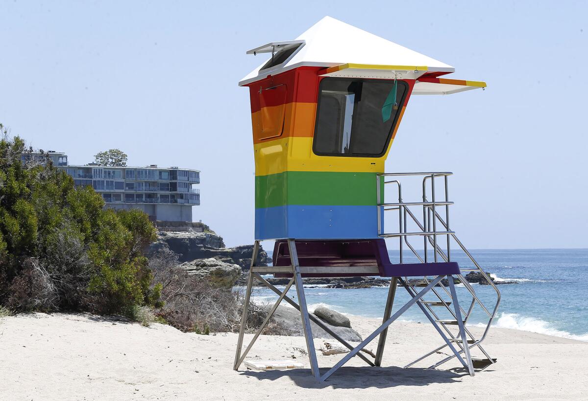 The Pride-inspired lifeguard tower at West Street and Camel Point beach in Laguna Beach on Friday.