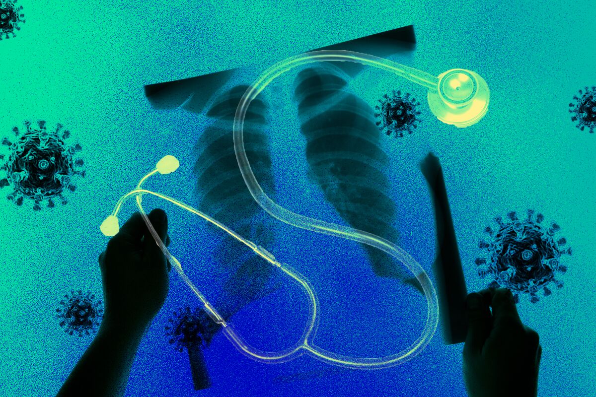 An illustration of hands and a stethoscope over a lung X-ray
