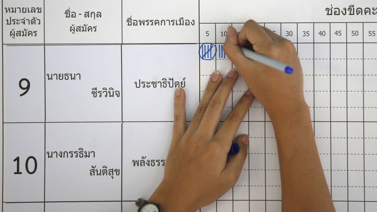 An election officer counts votes at a polling station in Bangkok, Thailand, on March 24.