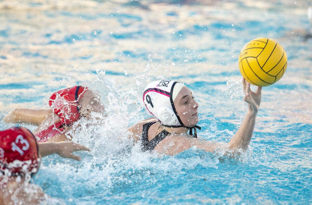 Corona del Mar's Grace Meyers takes a shot during a quarterfinal match against Santa Barbara San Marcos in the Bill Barnett Holiday Cup on Friday