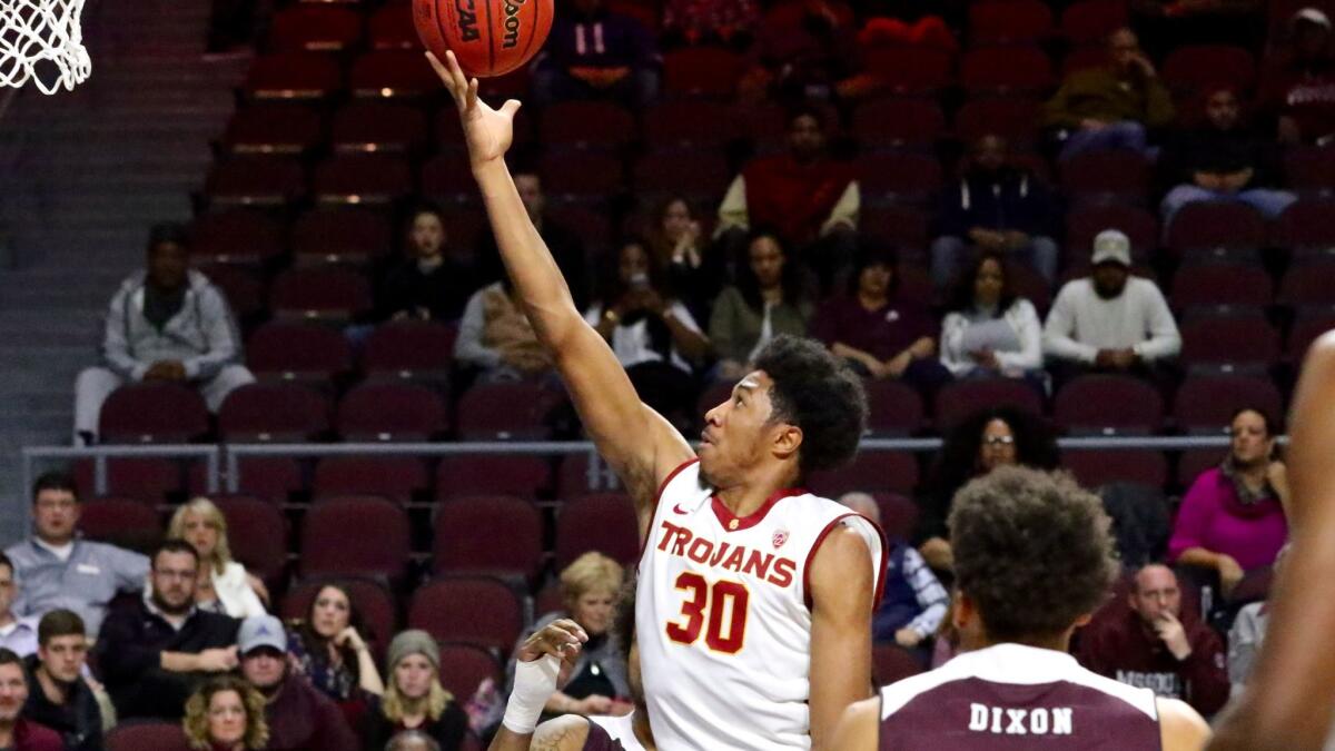 USC guard Elijah Stewart lays up a fast break basket in the first half against Missouri State in the Las Vegas Classic at Orleans Arena on Dec. 22.