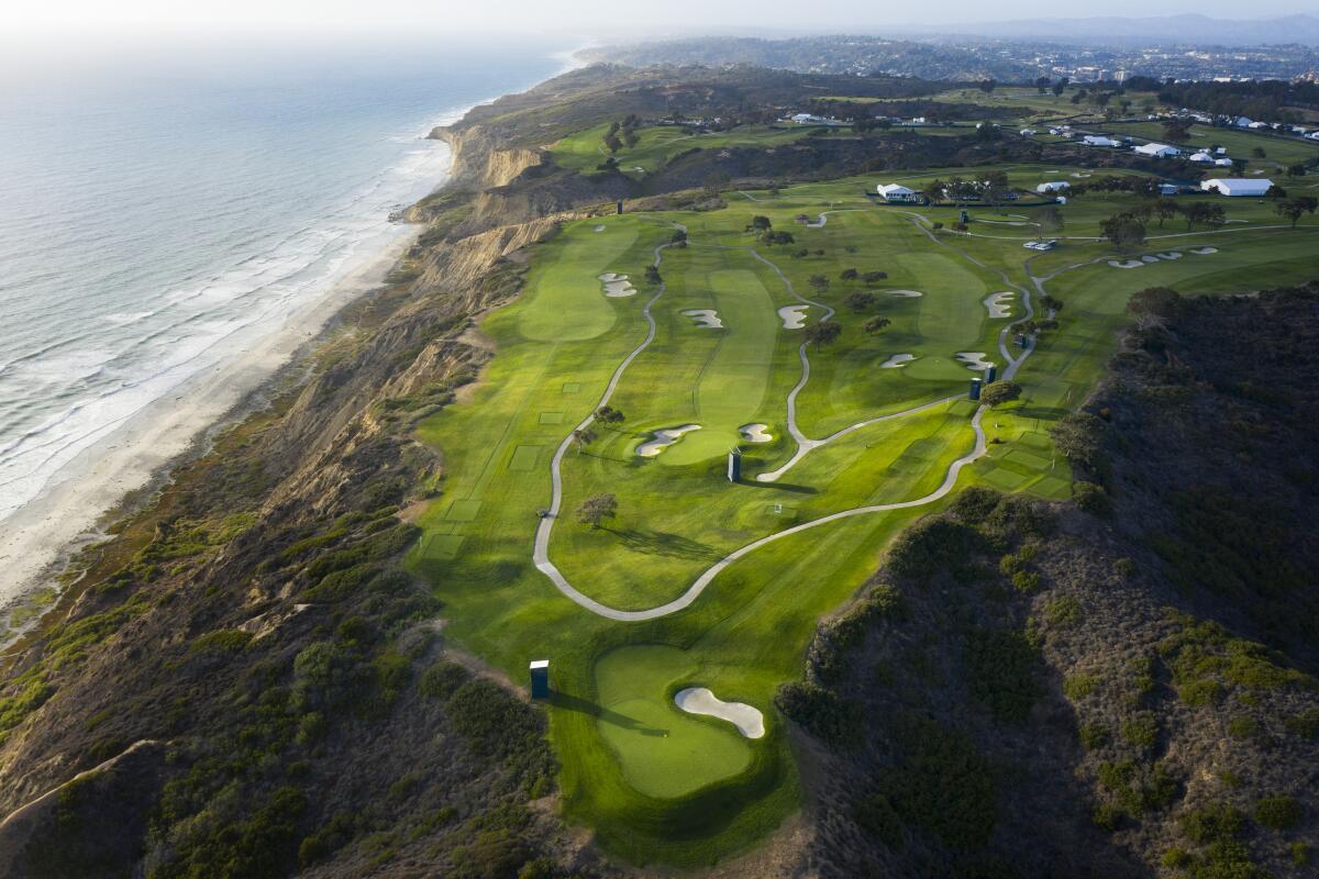 The fourth hole, left, fifth hole, center, and third hole at Torrey Pines South Course, the site of the 2021 U.S. Open.