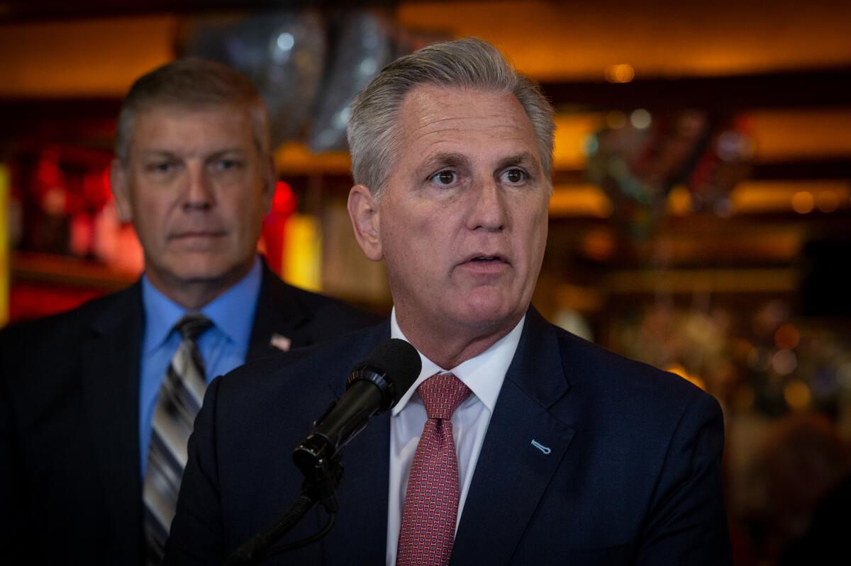 House Minority Leader Kevin McCarthy, R-Calif., speaks to the media at a diner on Monday, May 4, 2021, in Marietta, Ga. McCarthy and other Republicans decried Major League Baseball's decision to move the All-Star game out of Georgia amid concerns about changes to the state's voting laws. (AP Photo/Ron Harris)