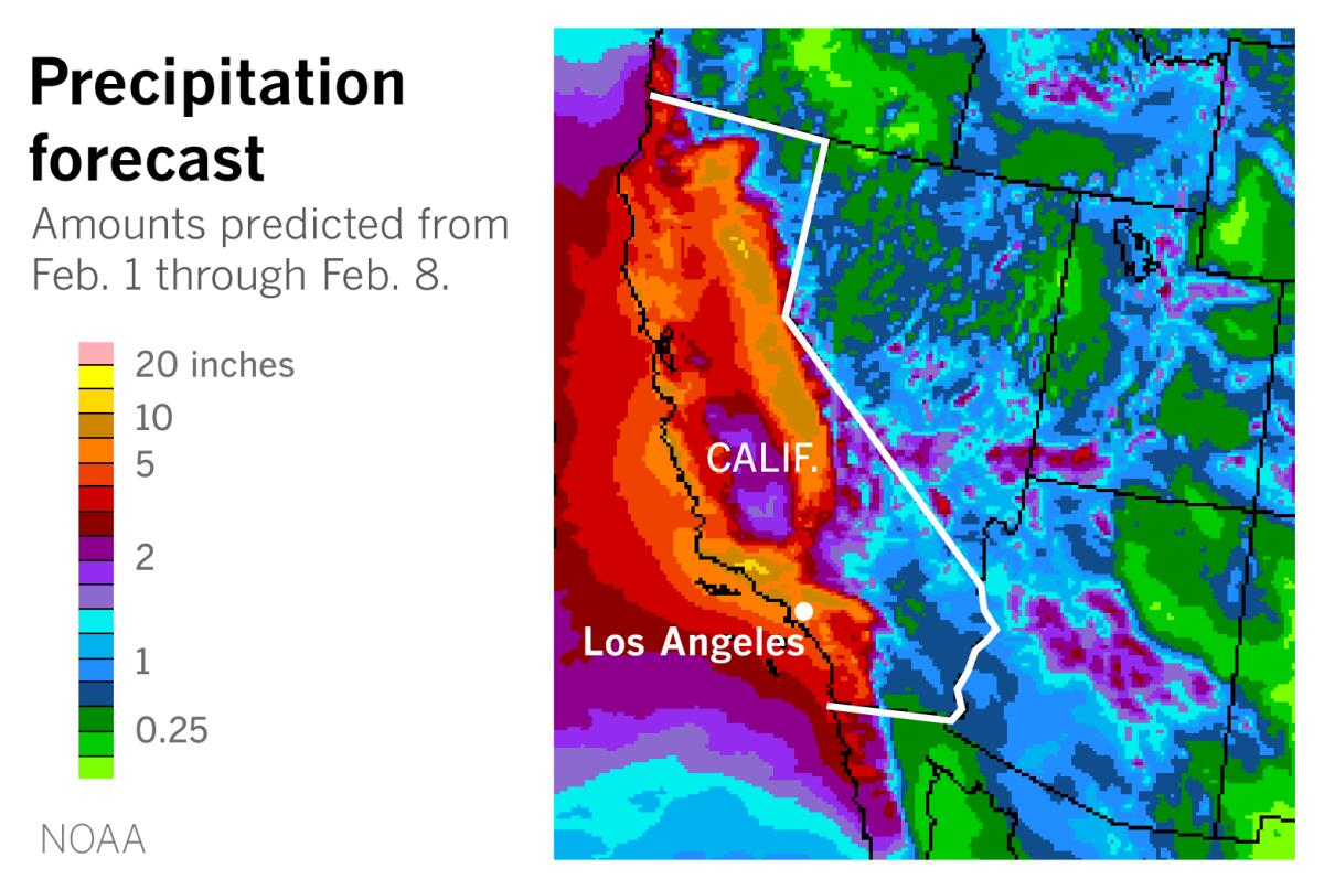 Map showing the large amounts of precipitation expected through February 8 in California.