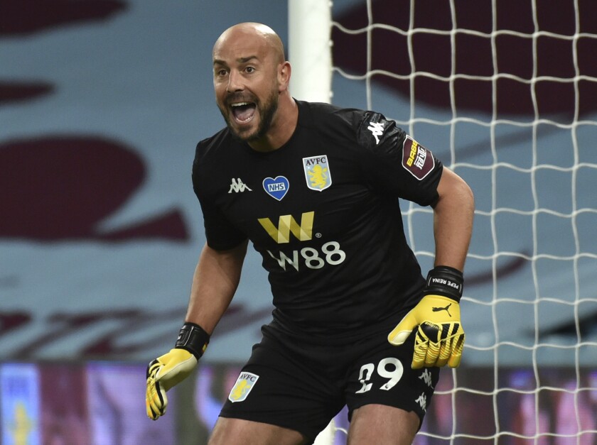 FILE - Aston Villa's goalkeeper Pepe Reina during the English Premier League soccer match between Aston Villa and Arsenal at Villa Park in Birmingham, England, on July 21, 2020. The veteran goalkeeper is returning to the Spanish league after signing a contract with Villarreal. (AP Photo/Rui Vieira, file)