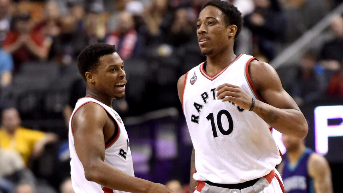 Guards DeMar DeRozan (10) and Kyle Lowry have helped the Raptors emerge as an Eastern Conference contender this season.