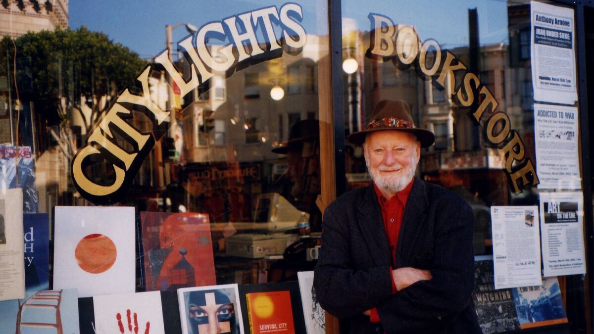 Lawrence Ferlinghetti outside of City Lights Bookstore in San Francisco in 2013.