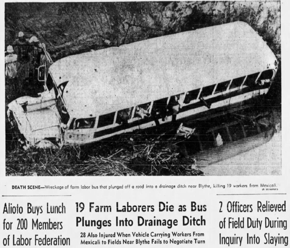 A newspaper clipping with a photo of a crashed bus and accompanying article