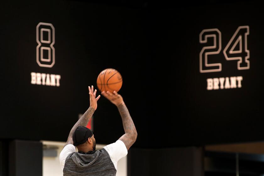 EL SEGUNDO-CA-JANUARY 29, 2020: DeMarcus Cousins practices at the Lakers’ practice facility in El Segundo on Wednesday, January 29, 2020, as they hold their first media availability since the death of Kobe Bryant. (Christina House / Los Angeles Times)