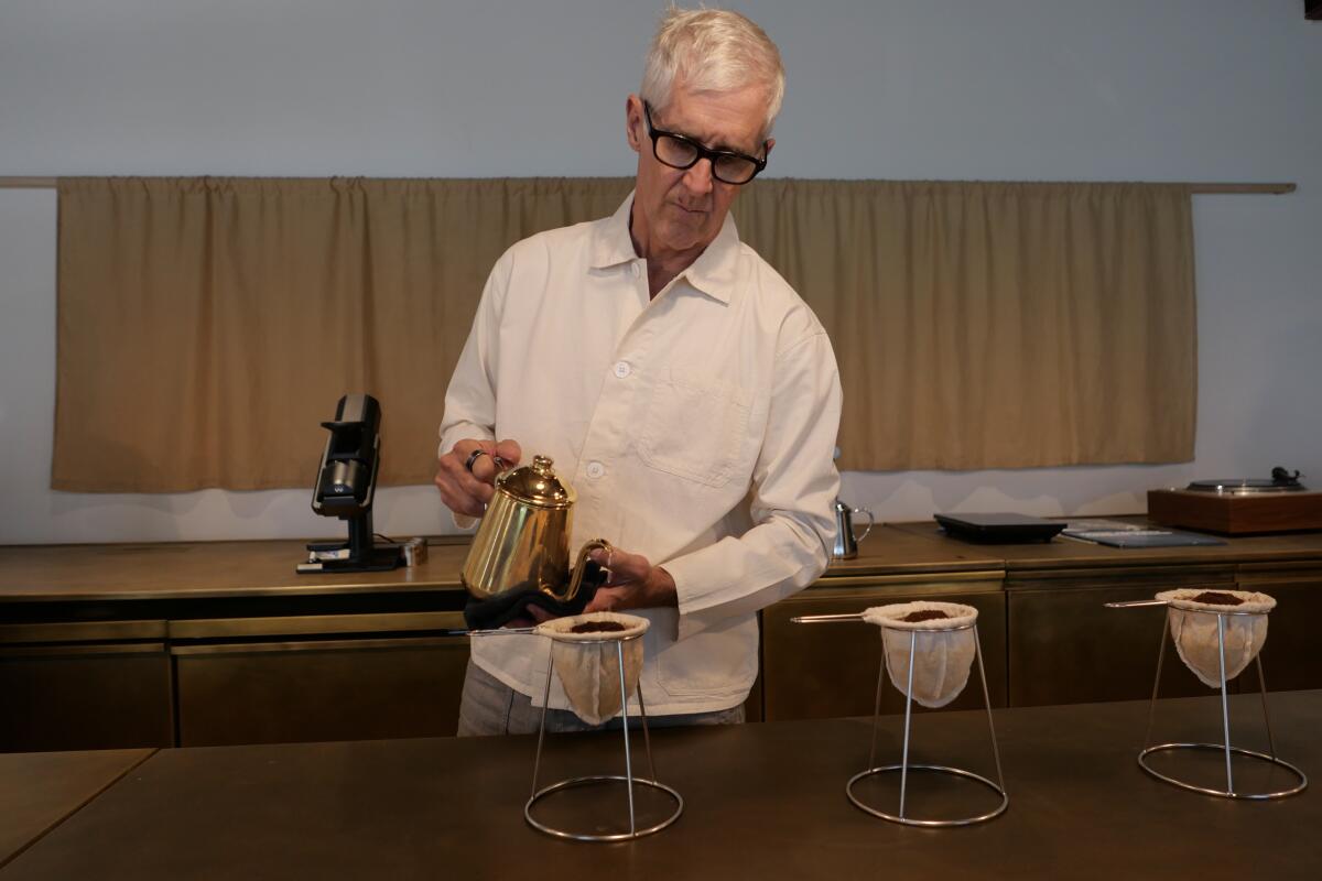 James Freeman makes coffee with Japanese cloth drippers.