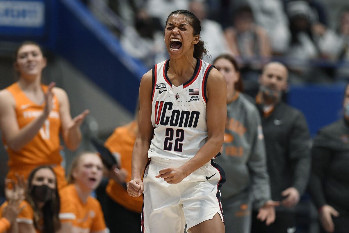 Connecticut's Evina Westbrook reacts when UConn regains possession of the ball in the second half of an NCAA college basketball game against Tennessee, Sunday, Feb. 6, 2022, in Hartford, Conn. (AP Photo/Jessica Hill)