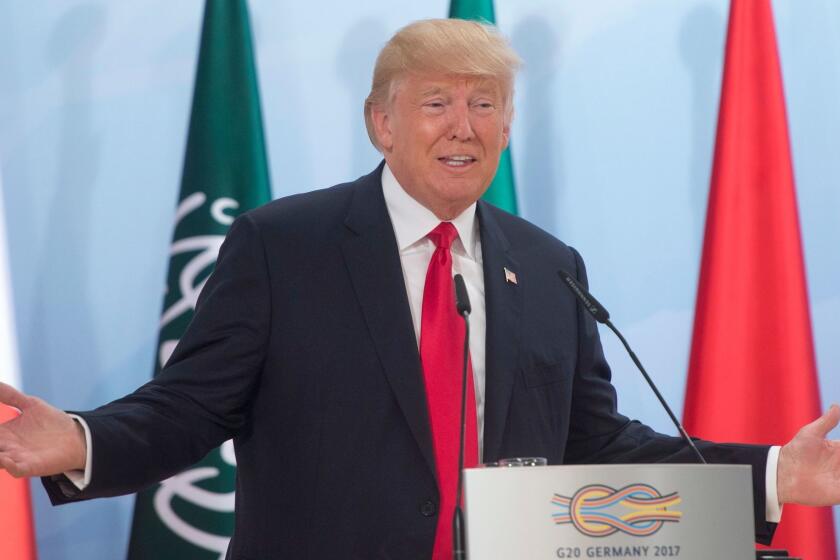 United States President Donald Trump speaks at a Women and Development event at the G20 summit Saturday, July 8, 2017 in Hamburg, Germany. (Ryan Remiorz/The Canadian Press via AP)