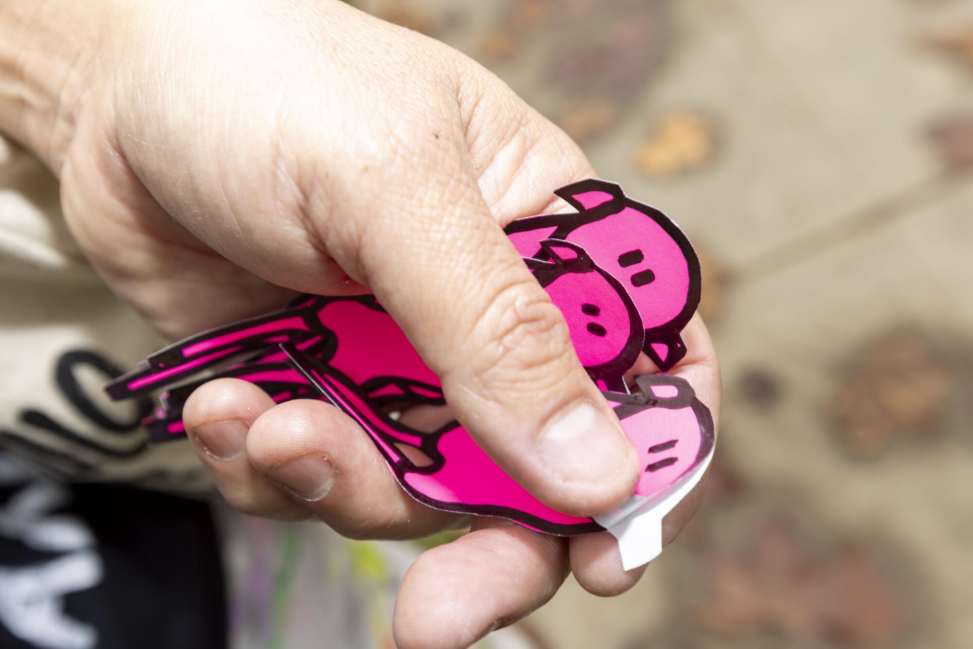 Pink sheep stickers in someone's hand. 