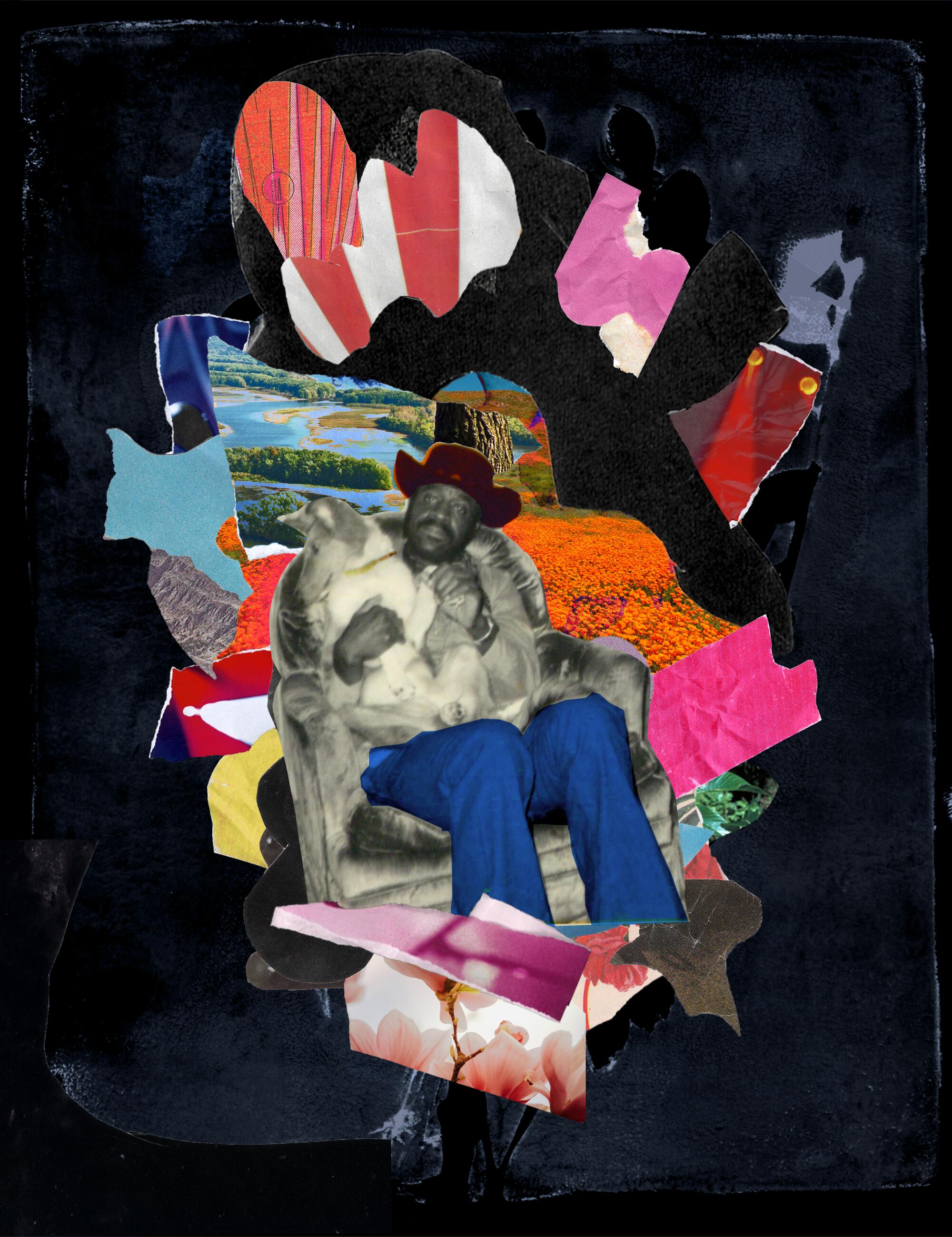 musician Jimmy Holiday in a cowboy hat sitting in an armchair holding a dog surrounded by colorful abstract cutouts