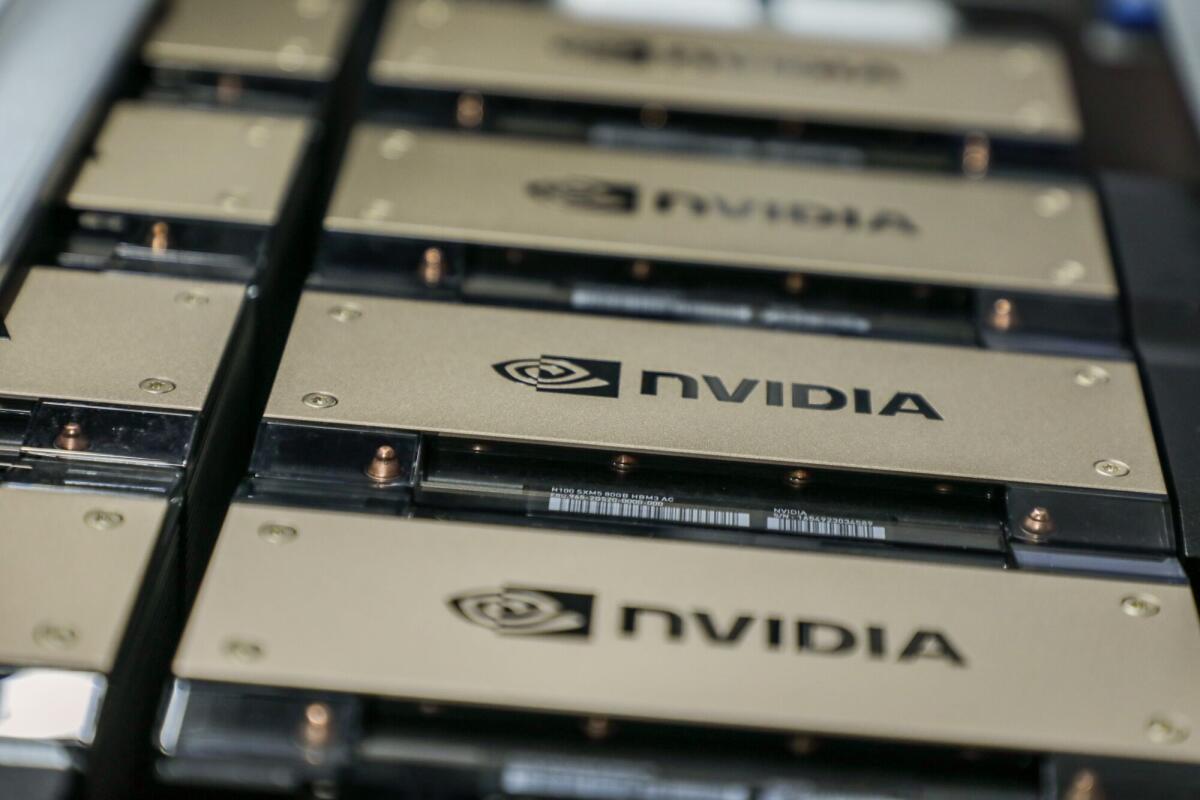 A closeup of Nvidia chips in a server room