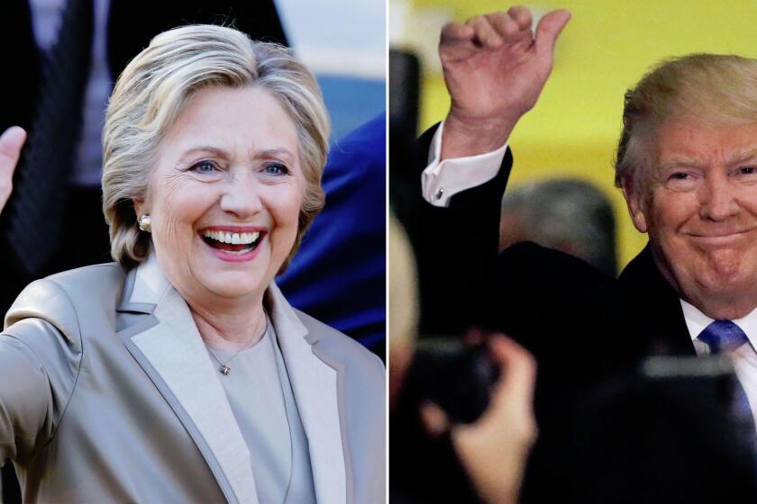 Left: Hillary Clinton greets supporters after casting her vote in Chappaqua, NY. Right: Donald Trump waves to reporters after voting at Public School 59 in New York City.
