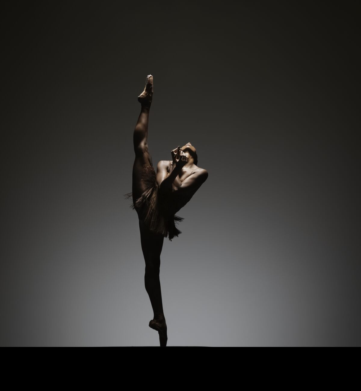 A dancer standing on pointe with one leg extended in the air