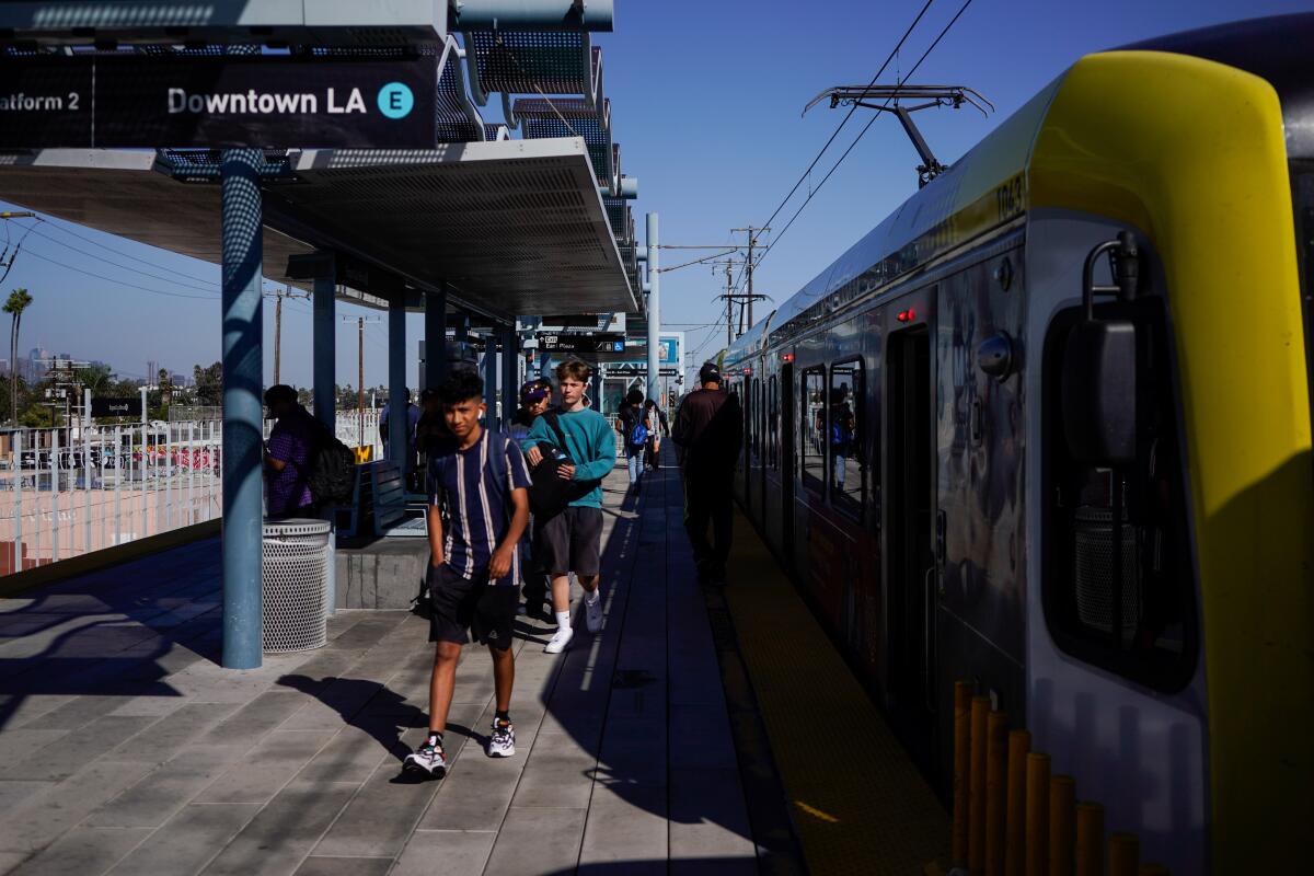 Metro riders disembark at Expo/La Brea Station in Santa Monica in September