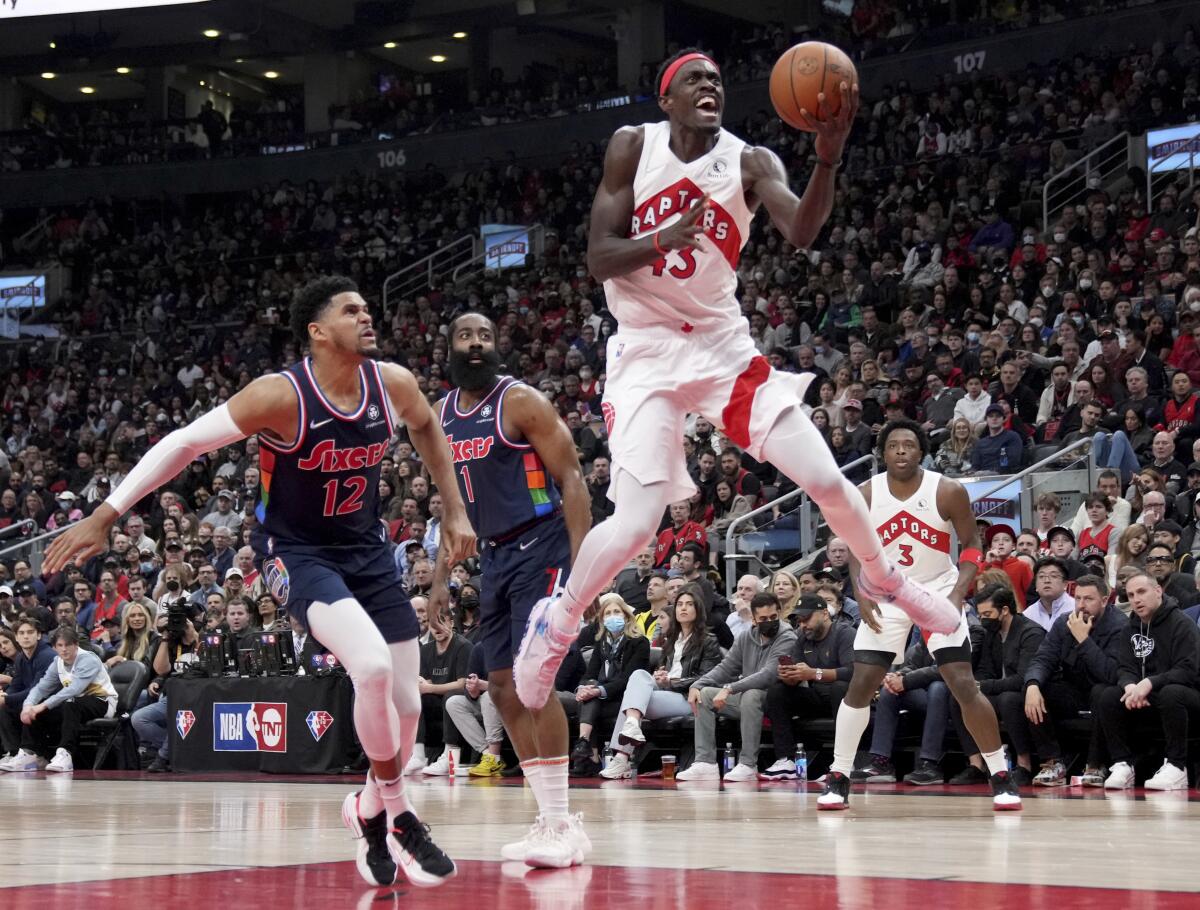 The Raptors' Pascal Siakam goes up for a shot in Game 4 against the 76ers on April 23, 2022.