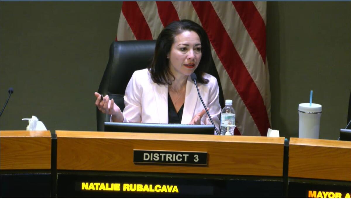 Councilwoman Natalie Rubalcava speaks during a Feb. 27 meeting of the Anaheim City Council.