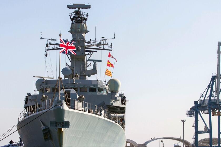 (FILES) In this file photo taken on February 03, 2014 the British warship HMS Montrose is pictured docked in the Cypriot port of Limassol. - Three Iranian ships attempted to "impede the passage" of a British oil tanker in Gulf waters, forcing a UK frigate to intervene, the British government said on July 11, 2019. "Contrary to international law, three Iranian vessels attempted to impede the passage of a commercial vessel, British Heritage, through the Strait of Hormuz," a UK government statement said of the incident, which occurred yesterday. "HMS Montrose was forced to position herself between the Iranian vessels and British Heritage and issue verbal warnings to the Iranian vessels, which then turned away," the statement said. (Photo by - / AFP)-/AFP/Getty Images ** OUTS - ELSENT, FPG, CM - OUTS * NM, PH, VA if sourced by CT, LA or MoD **