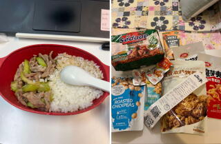 A split-screen image of a meal of rice and meat with vegetables in a bowl, left, and packaged food items from a market.