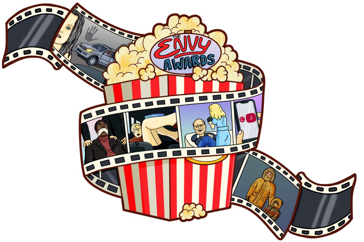 A film strip winds around a bucket of popcorn to celebrate The Envelope's Envy Awards