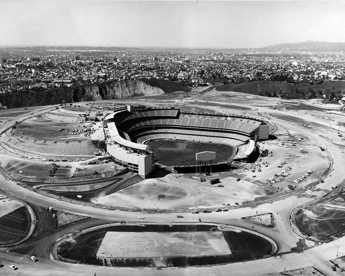 Black and white photo shows Dodger Stadium from above